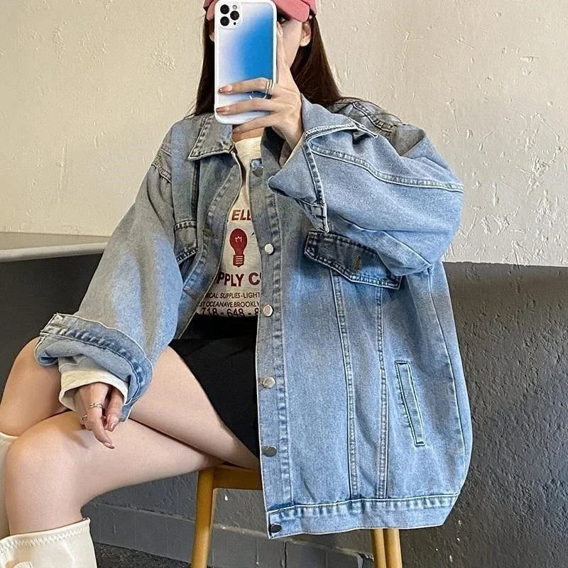 2025 Spring Autumn New Women Denim Jacket Boyfriend Loose Harajuku Design Unique Mid Length Casual All Match Outerwear