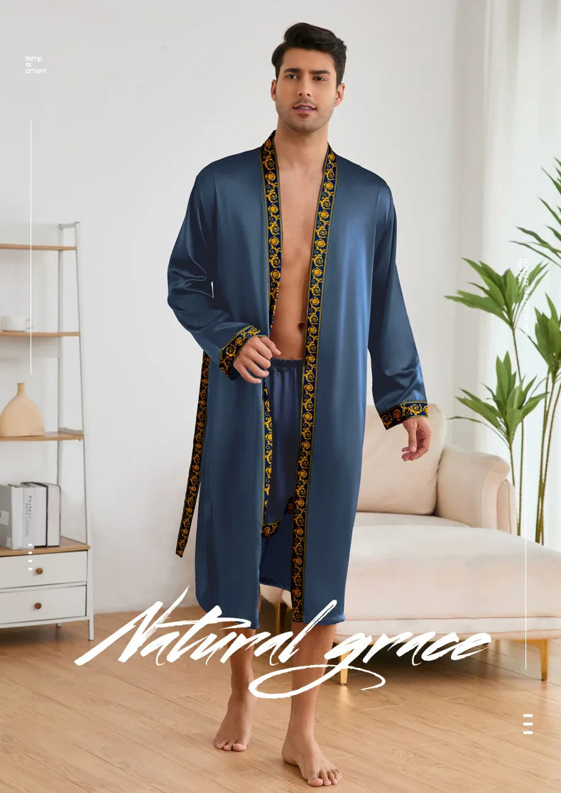 Men Long Robe Pajamas Set Baroque Style Kimono Bathrobe Gown Spring Summer Male Sleepwear Home Clothing Rayon Loungewear Pijamas