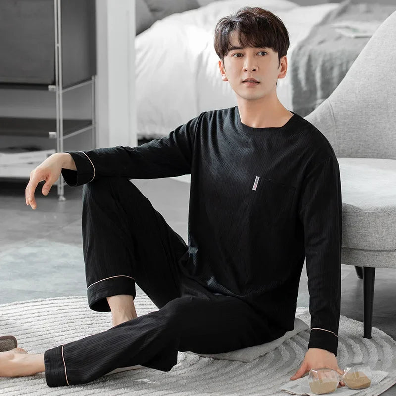 Fashion Lounge Pajamas Sets Men's Spring New Long-sleeved Tops with Trousers Cotton Homewear Comfort Simple Sleepwear Two Pieces