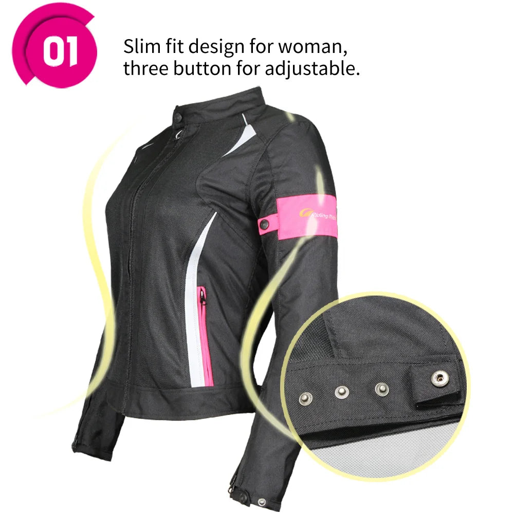 Woman Lady Girl Motorcycle Jacket Summer Breathable Motorbike Armor Coat with 5pcs Protective Pads and Waterproof Liner JK-52