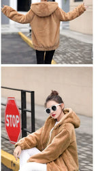 Plush hooded jacket for women mid-length winter new loose plush warm long sleeves plush Short jacket fashion casual coat