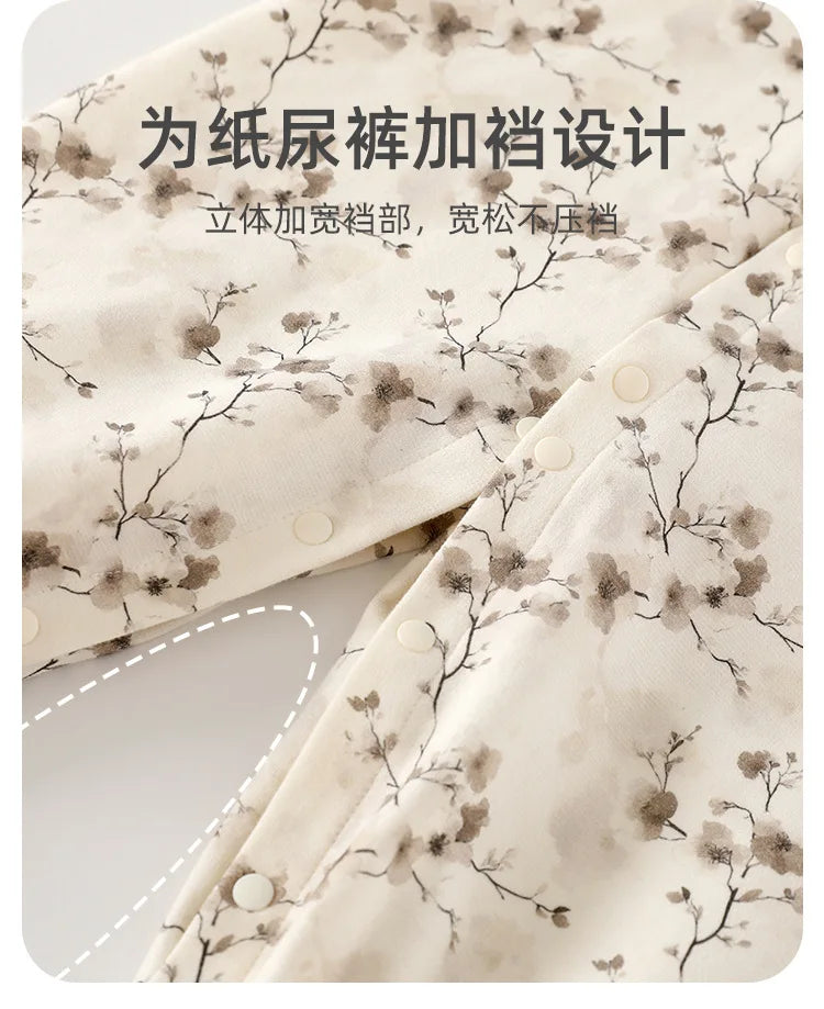 Spring and Autumn Baby Pure Cotton Velvet Jumpsuit with Plant Pattern Printed Baby Girl Clothing High Quality Baby Girl Clothing