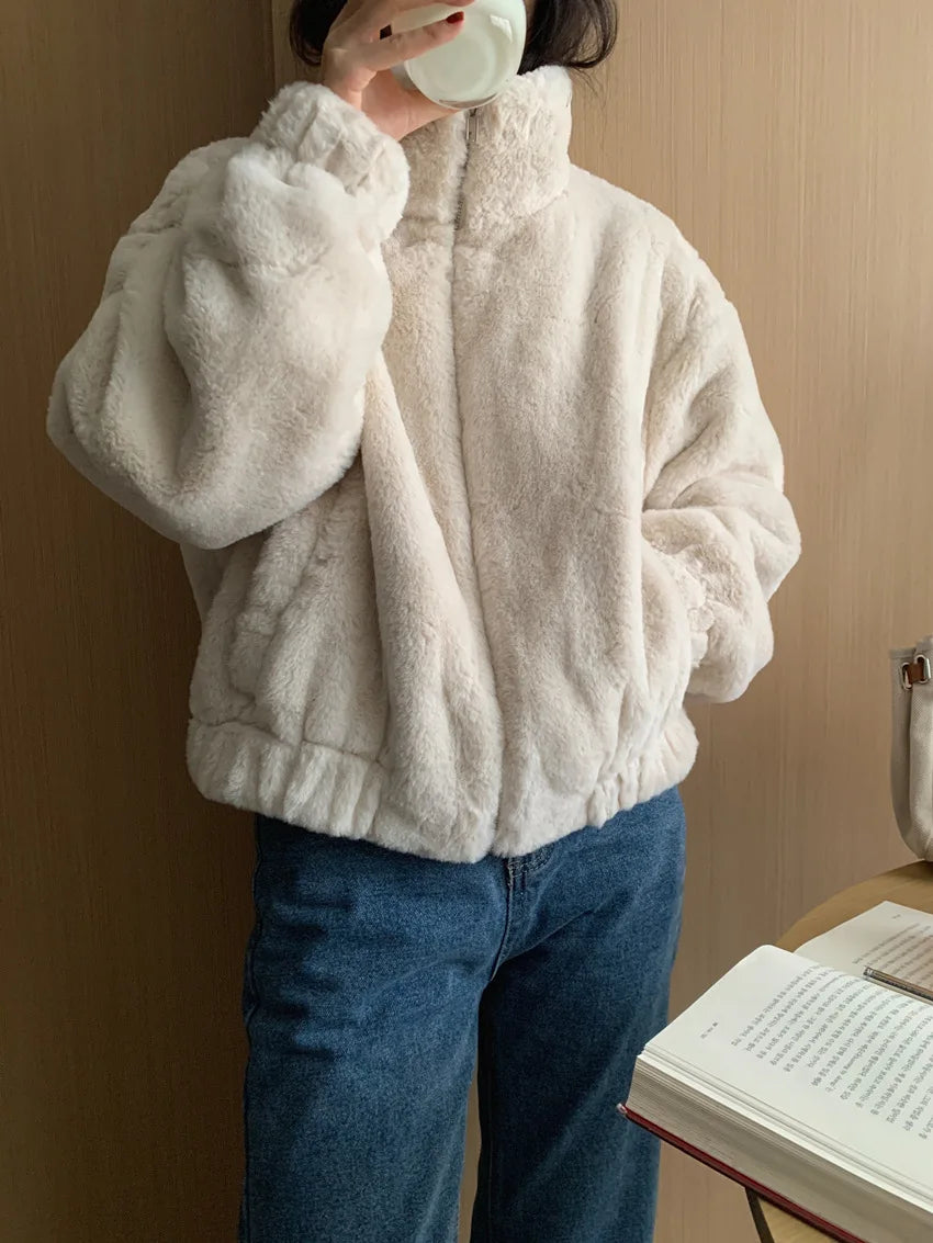 Women Autumn Winter Thicken Warm Coat Stand-Collar Loose Fur Plush Zipper Jacket Soft Comfortable Casual Simple Solid Outerwear