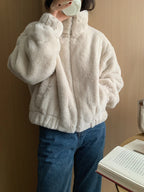 Women Autumn Winter Thicken Warm Coat Stand-Collar Loose Fur Plush Zipper Jacket Soft Comfortable Casual Simple Solid Outerwear