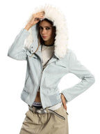 American hot girl big fur collar slim short jacket for women buckskin velvet waist slimming hooded cardigan sweatshirt