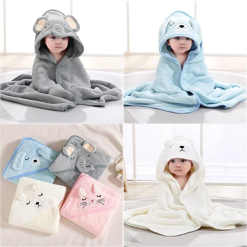 Baby Bath Towel Cartoon Animal Newborn Girl Boy Wrap Blanket Absorbent Baby Bathrobe Hooded Coral Fleece Bath Towels 0-12 Months