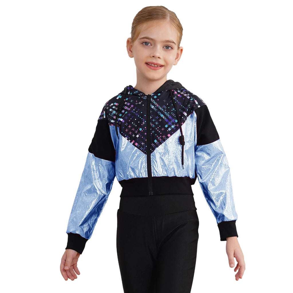 Girl Hooded Tops Long Sleeve Zipper Jacket Fashion Print Short Jacket Casual Coat Outerwear Jazz Dance Performance Costume