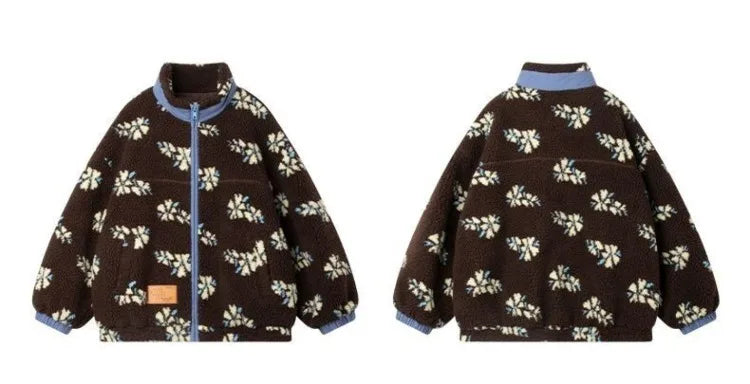 Girl's Winter Coat Floral Jacquard Lamb Fur Thickened Stylish Autumn Winter Toddler Kids Cotton Jacket