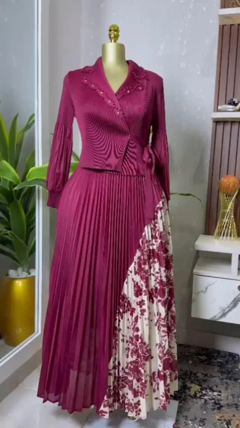 2025 Spring New Miyake Pleated A-line Dress Elegant Suit Collar Mid To Long Style Waist Cinching Slimming Women Folds Skirt