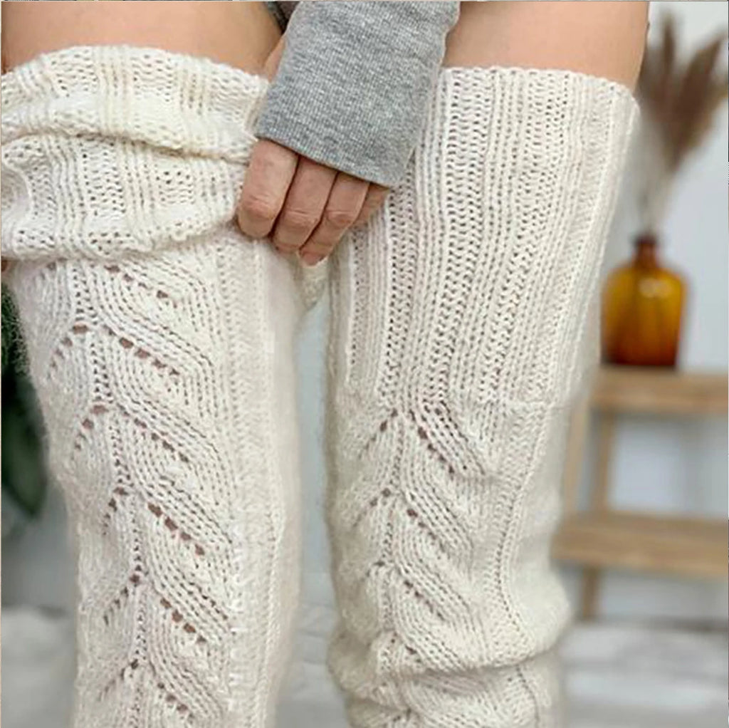 Knitted Leg Warmers Solid Color Hollow Mesh Long Over The Knee Stacked Socks Women Wool Winter Warm Socks Home Long Socks