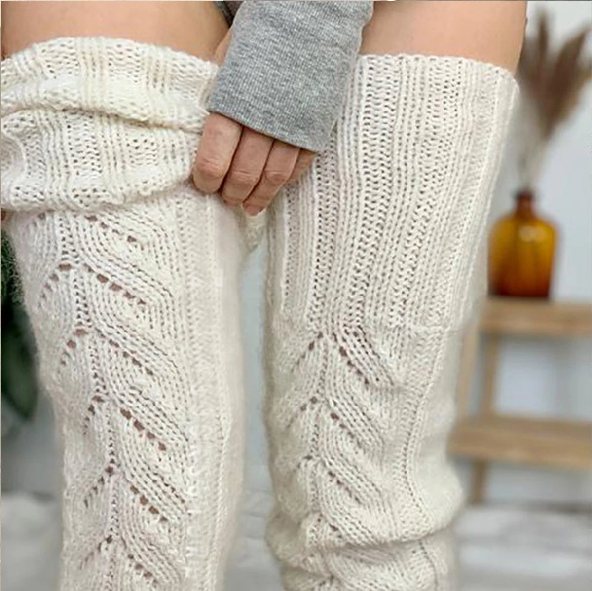 Knitted Leg Warmers Solid Color Hollow Mesh Long Over The Knee Stacked Socks Women Wool Winter Warm Socks Home Long Socks
