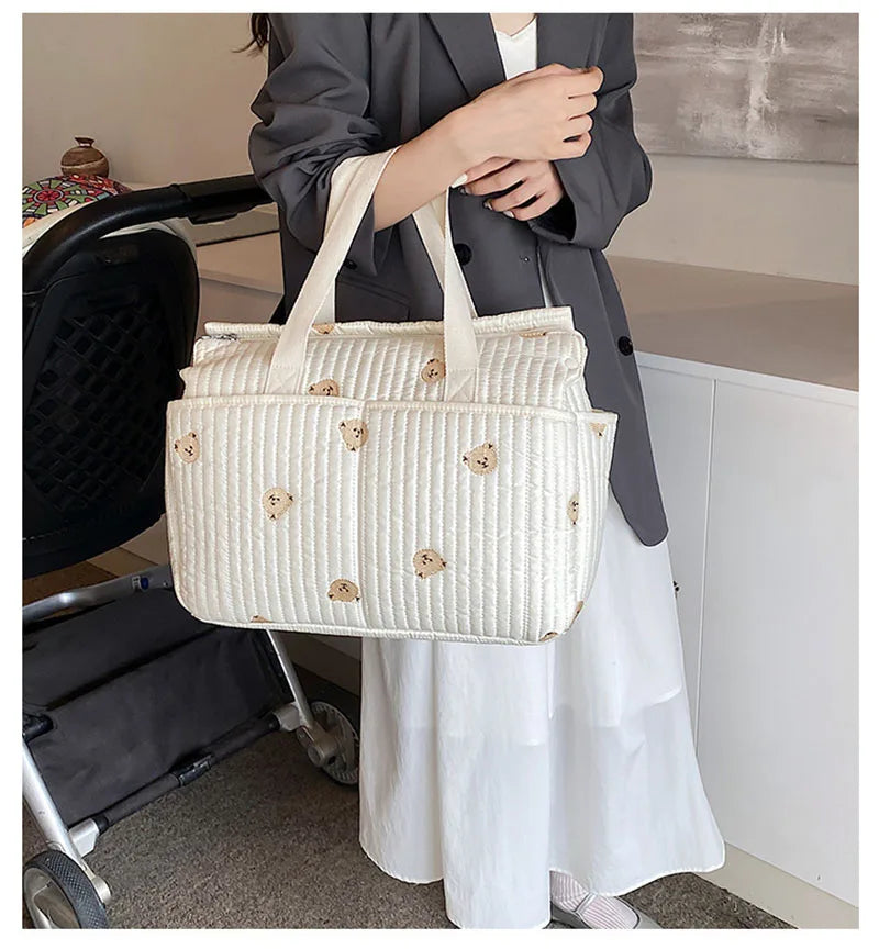New High-capacity Mummy Bag Embroidered Bear Mother and Baby Handbag Baby Bottle Diaper Portable Baby Stroller Bag