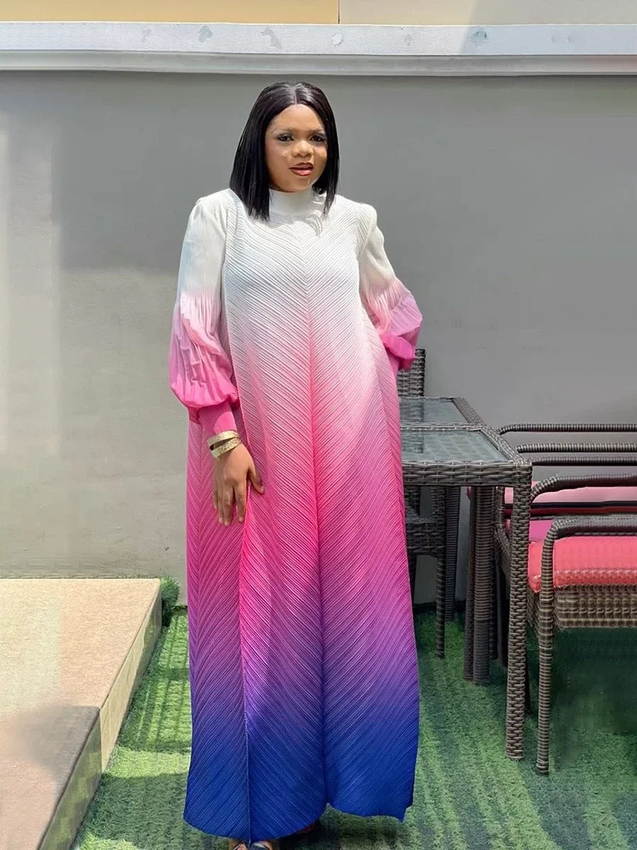 Miyake Pleated Maxi Long Miyake Dress Gradient Color Lantern Sleeves Half Turtleneck Formal Dresses for Women 2024 New Vestidos