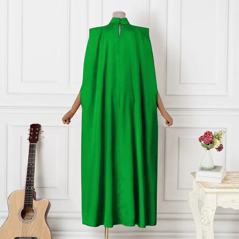 Elegant Evening Dress VONDA Women Pleated Stand Collar Long Sleeve Satin Party Sundress Autumn Casual Solid Loose Robe Vestidos