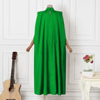 Elegant Evening Dress VONDA Women Pleated Stand Collar Long Sleeve Satin Party Sundress Autumn Casual Solid Loose Robe Vestidos