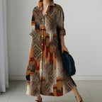 Womens Fashion Retro Splicing Printed Long-sleeved Dresses Fall And Winter Single-breasted Loose Dresses New Lapel Shirt Dresses