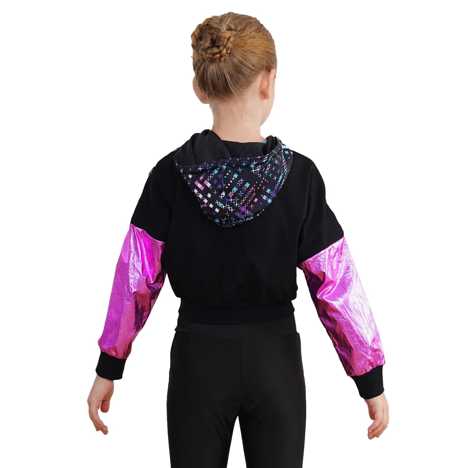 Girl Hooded Tops Long Sleeve Zipper Jacket Fashion Print Short Jacket Casual Coat Outerwear Jazz Dance Performance Costume