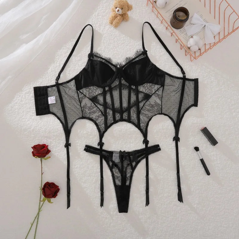 Lingeries Sexy Hot Exquisite Sheer Eyelash Lace Lingerie Sets for Women Tight Waist Corset Tops and Thong Garter Erotic Costumes
