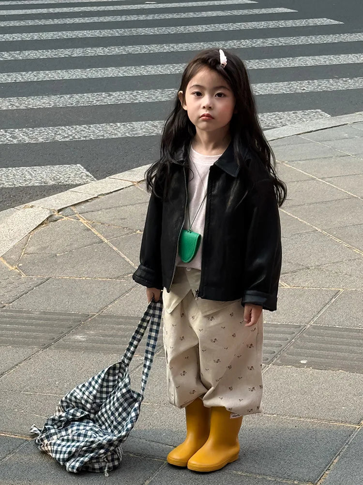 2025 Autumn New Children Long Sleeve Pu Leather Coat Fashion Girls Leather Jacket Solid Boys Lapel Zipper Jacket Kids Clothes