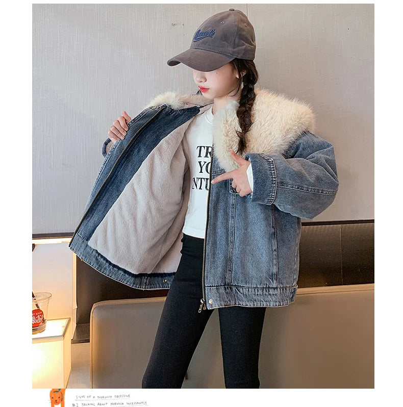 junior girl winter jackets vetement enfant fille Thickened inner rabbit fur denim jacket teenr outerwear kids warm coat overwear
