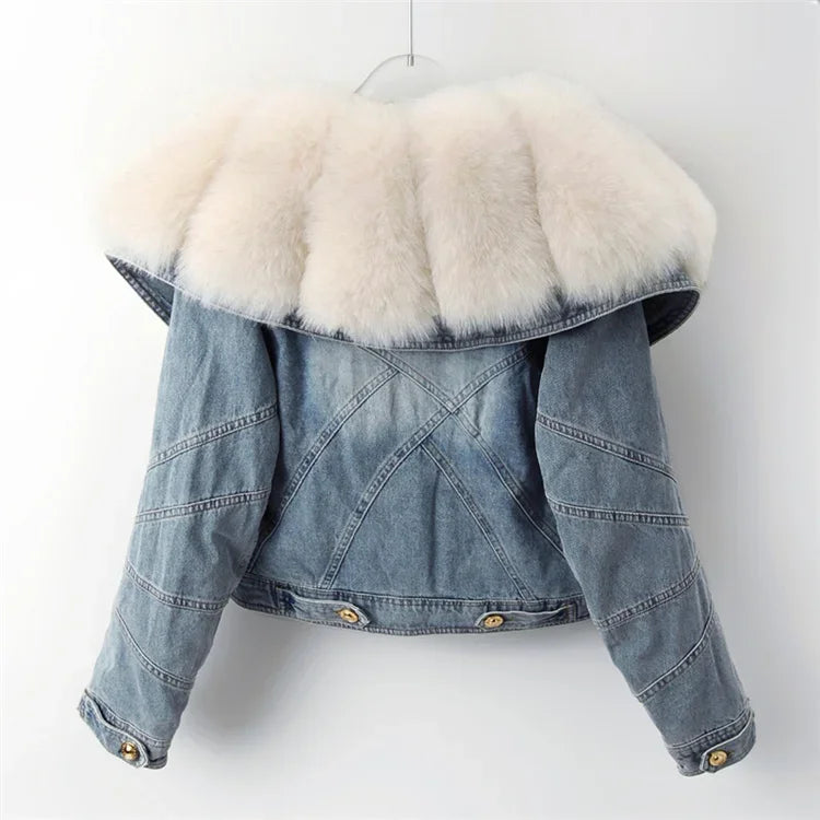 Big Fox Fur Collar Down Cotton Denim Jacket Women Vintage Cowboy Outerwear Winter Thick Loose Short Zipper Jeans Jacket Female