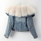 Big Fox Fur Collar Down Cotton Denim Jacket Women Vintage Cowboy Outerwear Winter Thick Loose Short Zipper Jeans Jacket Female