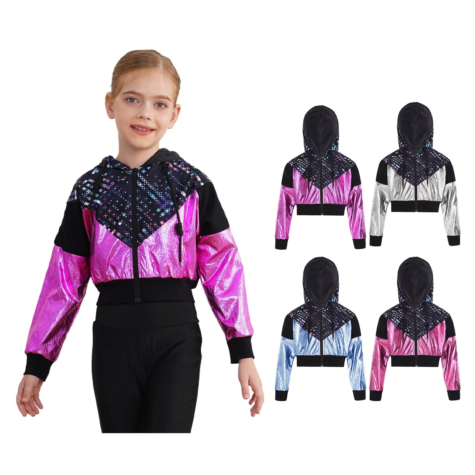 Girl Hooded Tops Long Sleeve Zipper Jacket Fashion Print Short Jacket Casual Coat Outerwear Jazz Dance Performance Costume