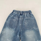 New autumn clothing for babies aged 0-3, with bow printed denim pants for baby girls, fashionable
