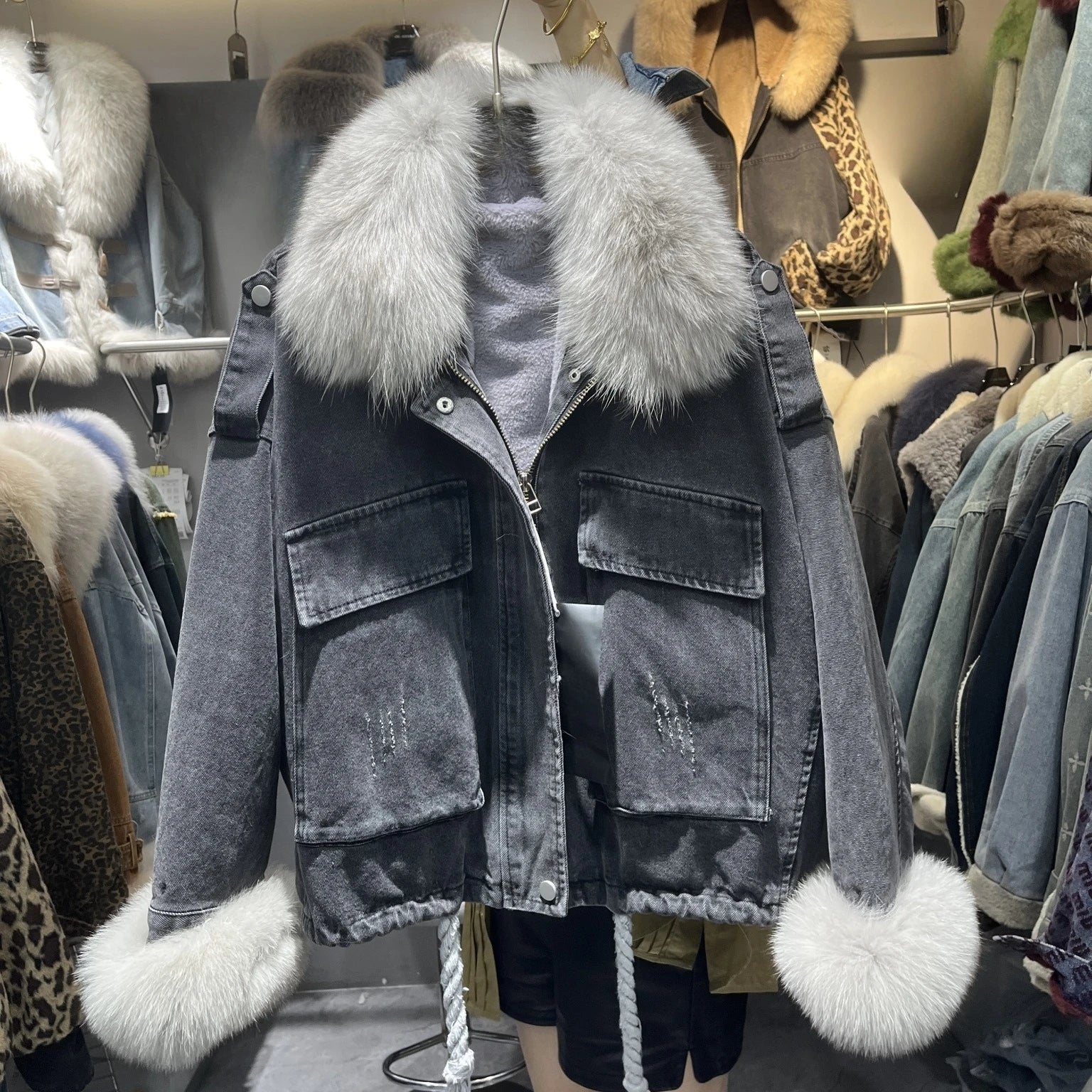 Fox Fur Denim Jacket for Women Fleece-Lined and Thickened Winter 2025 New Korean Style Loose Fit Batwing Sleeve Cotton Coat