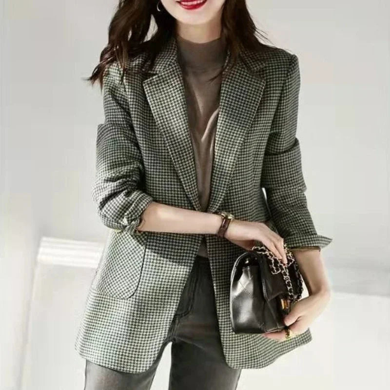 Green Jacket Coats for Women Skinny Plaid Outerwears Korean Fall Clothes  Simple Cheap Stylish in Promotion Check Blazer Woman