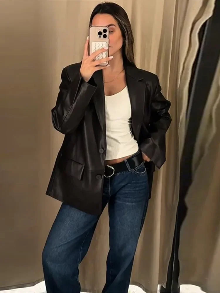 Leather Jacket For Woman Vintage Outwear Turn-Down Collar Coat Loose Autumn Tops Insulated Bomber Jacket Cool Girl Clothes