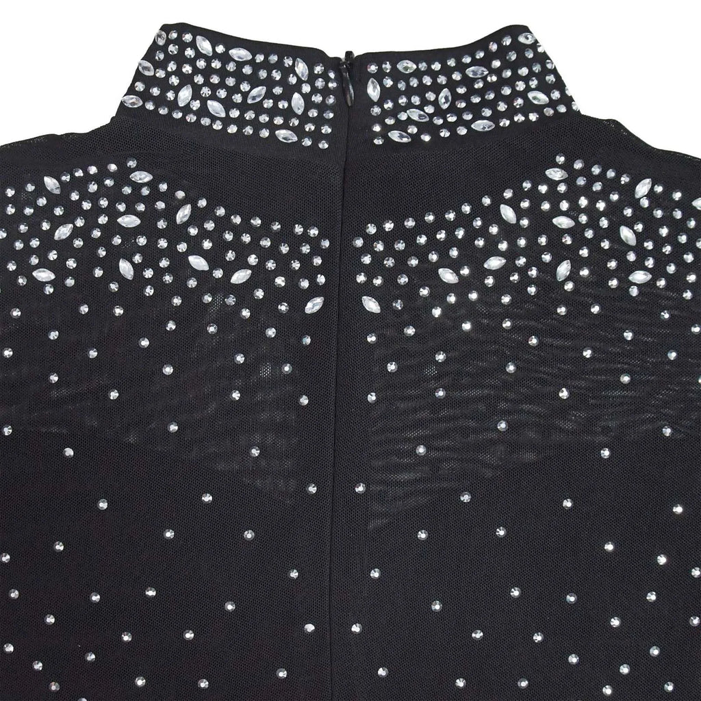 Women's Glittery Rhinestones Gymnastics Jumpsuit Sheer Mesh Patchwork Mock Neck Long Sleeve Dance Rompers One-piece Bodysuit