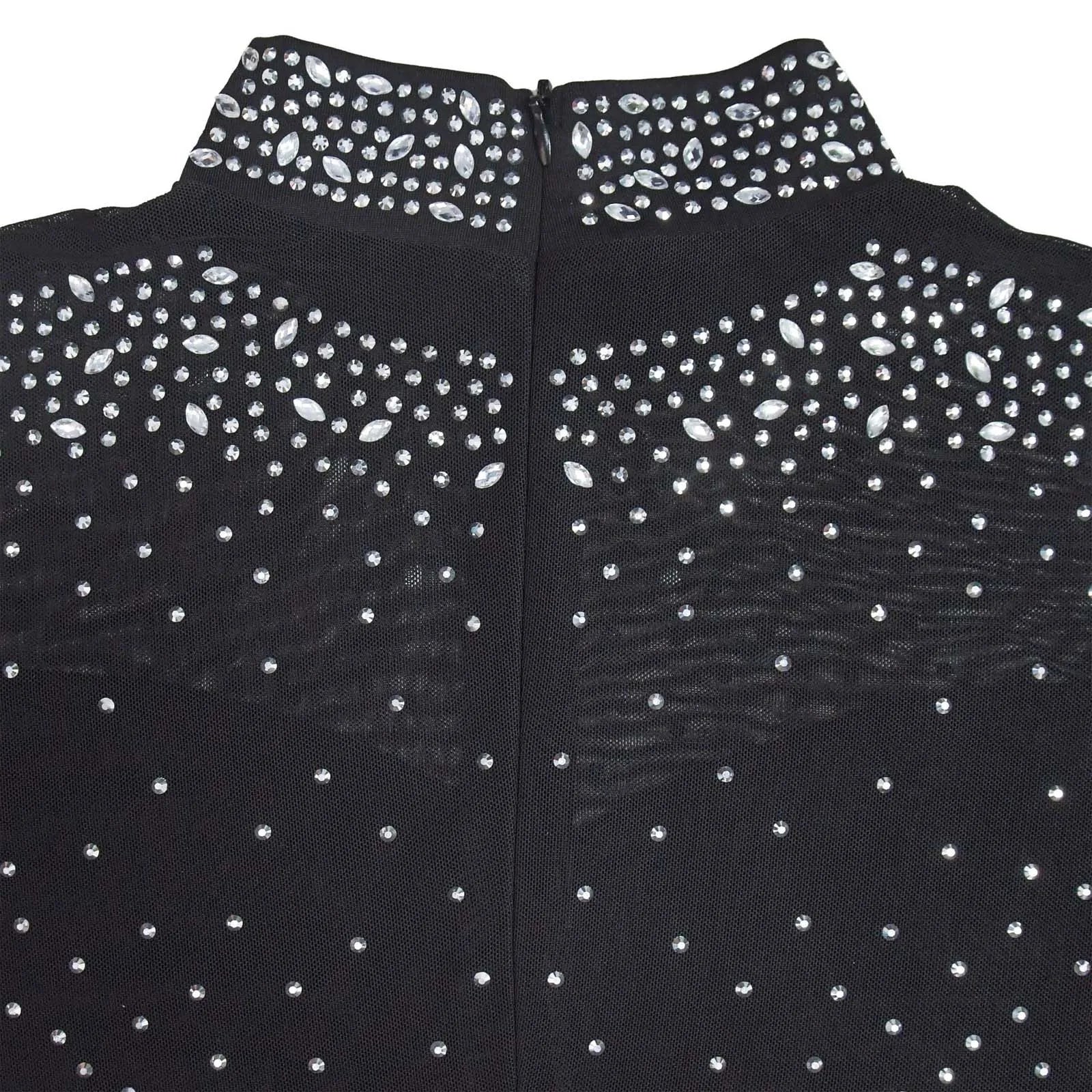 Women's Glittery Rhinestones Gymnastics Jumpsuit Sheer Mesh Patchwork Mock Neck Long Sleeve Dance Rompers One-piece Bodysuit