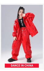 Boys K-pop Fashion Leather Jacket Street Dance Cargo Pants Girl Hip Hop Streetwear Kids Children Jazz Shiny Costume Clothes Sets