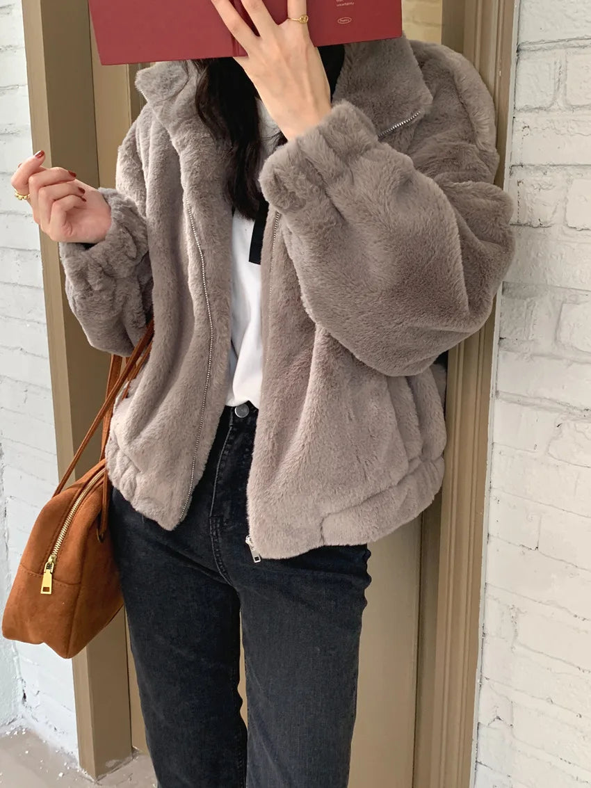 Women Autumn Winter Thicken Warm Coat Stand-Collar Loose Fur Plush Zipper Jacket Soft Comfortable Casual Simple Solid Outerwear