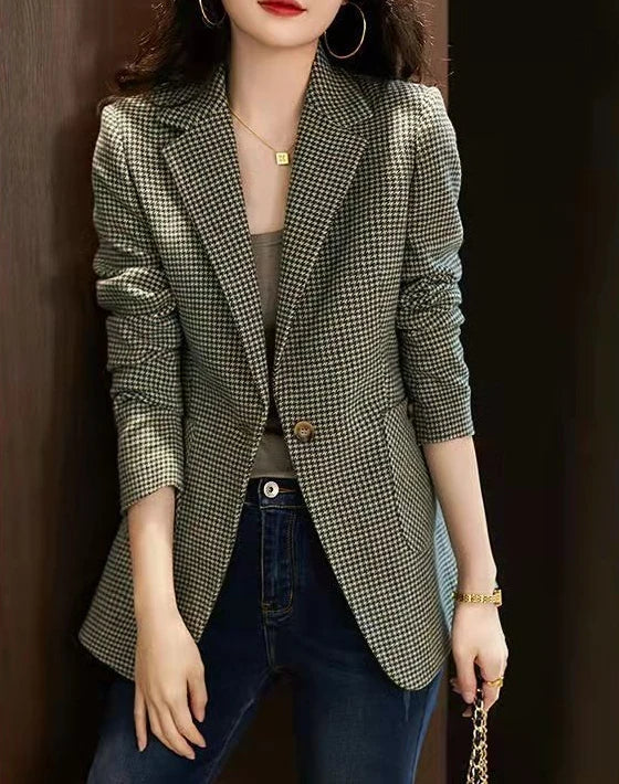 Green Jacket Coats for Women Skinny Plaid Outerwears Korean Fall Clothes  Simple Cheap Stylish in Promotion Check Blazer Woman