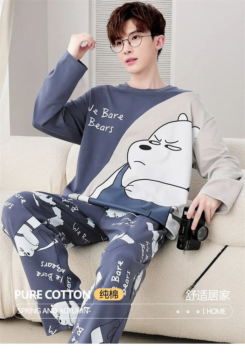Men's Pajamas Spring Autumn 100% Cotton Youth Pajamas Student Suits Fashionable Sweet Cartoon Home Clothes For Men