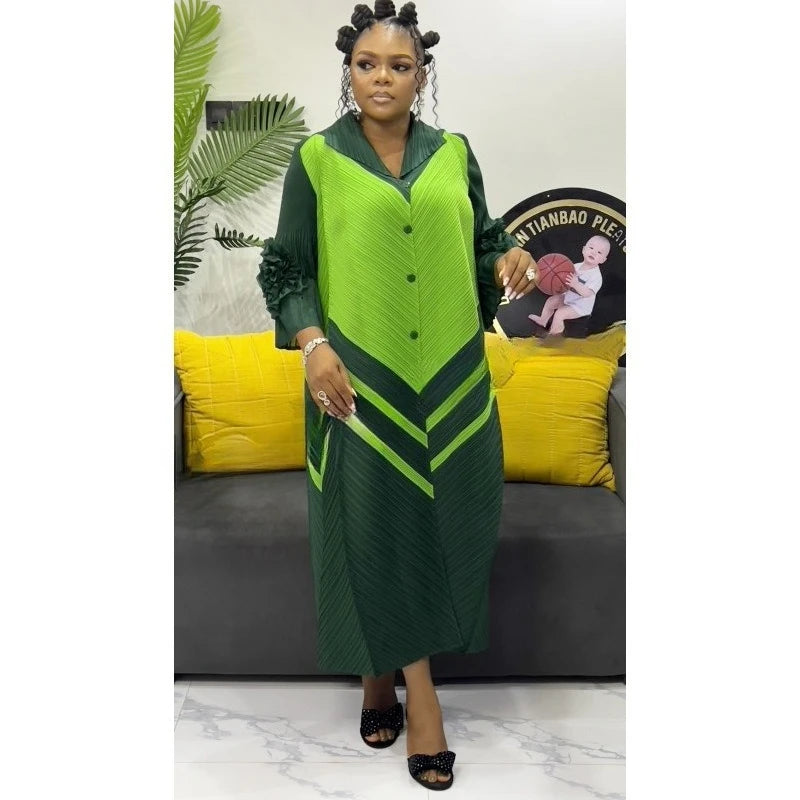 2025 Miyake Pleats Wholesale New Color Matching Splicing Dress Lapel Fashion Loose Women's Cardigan Medium and Long Dresses