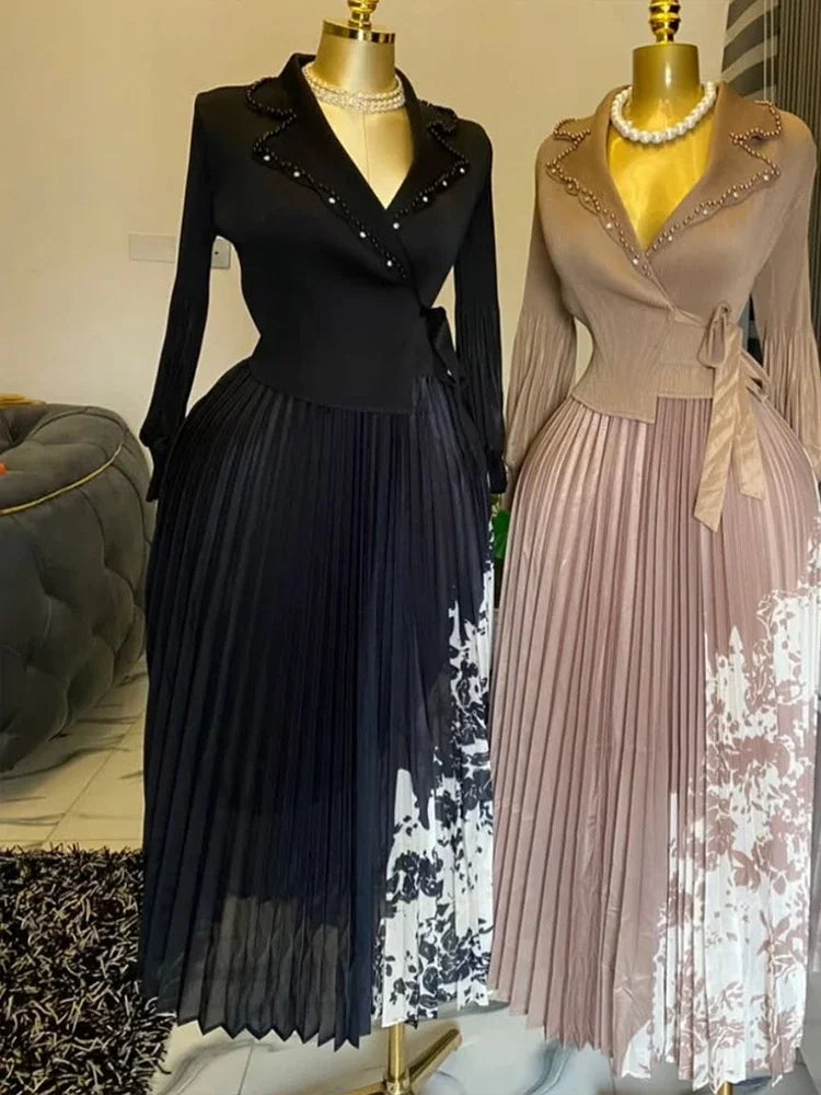 2025 Spring New Miyake Pleated A-line Dress Elegant Suit Collar Mid To Long Style Waist Cinching Slimming Women Folds Skirt