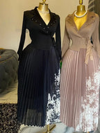2025 Spring New Miyake Pleated A-line Dress Elegant Suit Collar Mid To Long Style Waist Cinching Slimming Women Folds Skirt