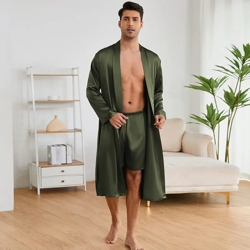Male Robe Long-Sleeve Loose Bathrobe With Shorts Set Kimono For Man Autumn Comfortable Male Sleepwear
