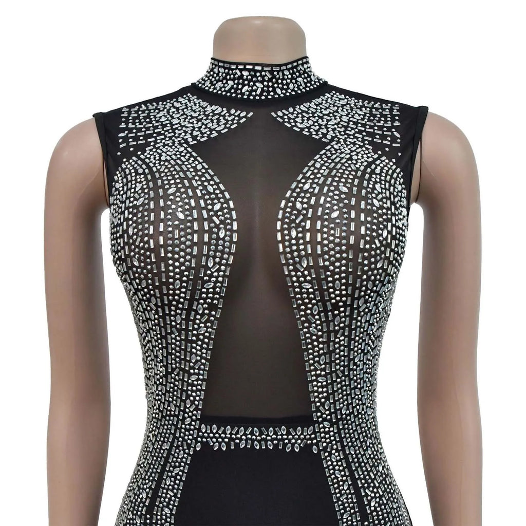 Women's Glittery Rhinestones Gymnastics Jumpsuit Sheer Mesh Patchwork Mock Neck Long Sleeve Dance Rompers One-piece Bodysuit