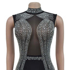 Women's Glittery Rhinestones Gymnastics Jumpsuit Sheer Mesh Patchwork Mock Neck Long Sleeve Dance Rompers One-piece Bodysuit