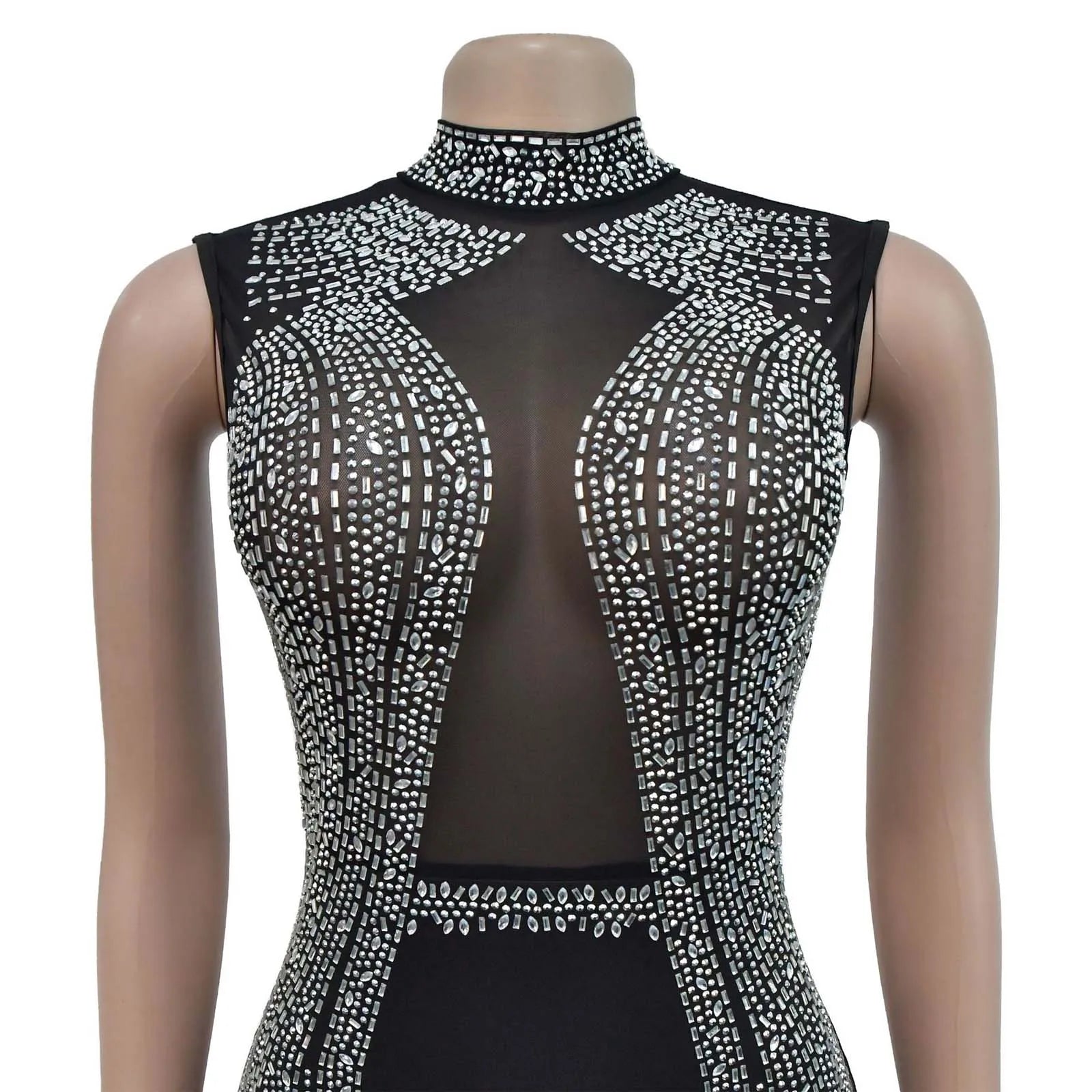 Women's Glittery Rhinestones Gymnastics Jumpsuit Sheer Mesh Patchwork Mock Neck Long Sleeve Dance Rompers One-piece Bodysuit
