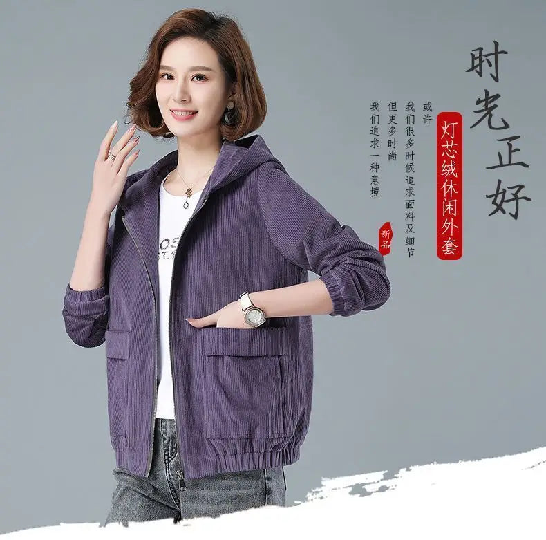 Corduroy Short Coat 5XL Women's 2025 Spring Autumn New Korean Loose Solid Hooded Jacket Fashion Casual Female Zipper Coat Tops