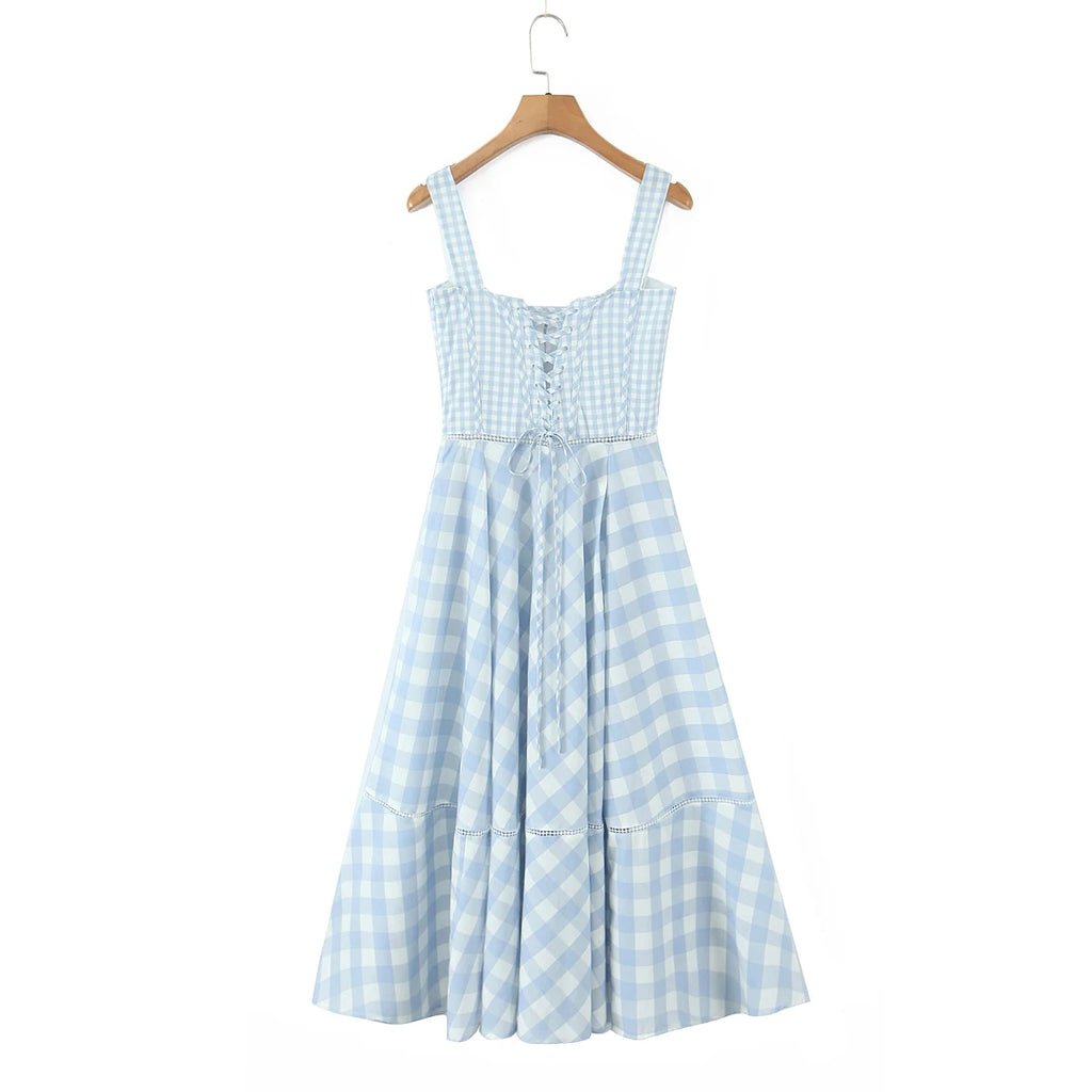 2025 summer new product women's clothing fashionable, fresh, sweet and elegant waist-hugging lace-up design suspender dress