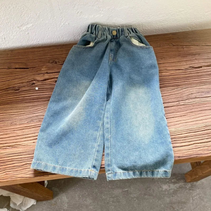 Children Wide Leg Jeans Spring Autumn Boy and Girl Elastic Waist Straight Leg Denim Pants Kids Casual Versatile Trousers A40056