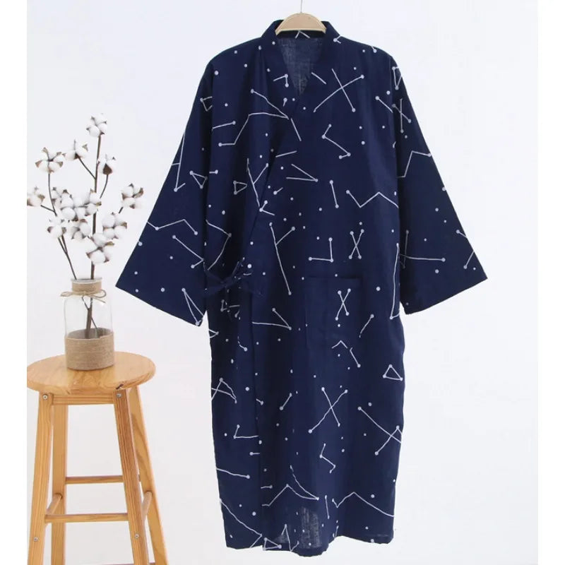 Bathrobe Men Shower Spring and Summer Cotton Nightgown Couple Men Kimono Yukata Pajamas Cardigan Striped Robe Sleepwear Homewear