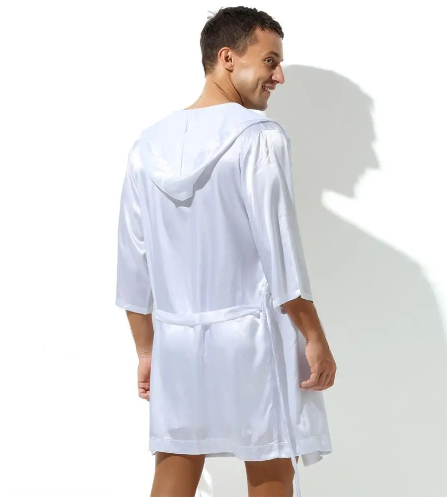 Sexy Sleepwear Men Robes Bathrobes Soft Silky Short Sleeve Nightgown Mens Homewear Dressing Gown Male Pajamas (No shorts)
