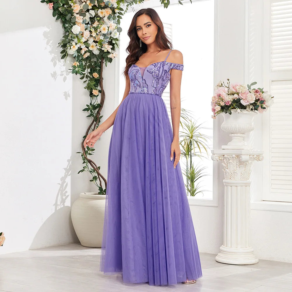 Purple Color Embroidery Sequin Dress Women Long Evening Party Gown Bridesmaid Dress For Summer Autumn Wedding Party